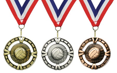 gold, silver and bronze volleyball medals