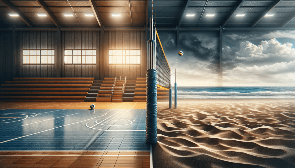 Side-by-side comparison of indoor and outdoor volleyball nets: Left side shows an indoor net in a gymnasium, right side displays an outdoor net on a beach.