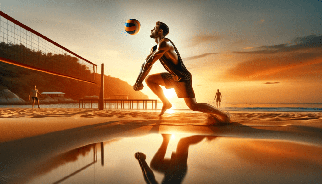 Beach volleyball player executing a bump with precise hand positioning against a stunning sunset backdrop.
