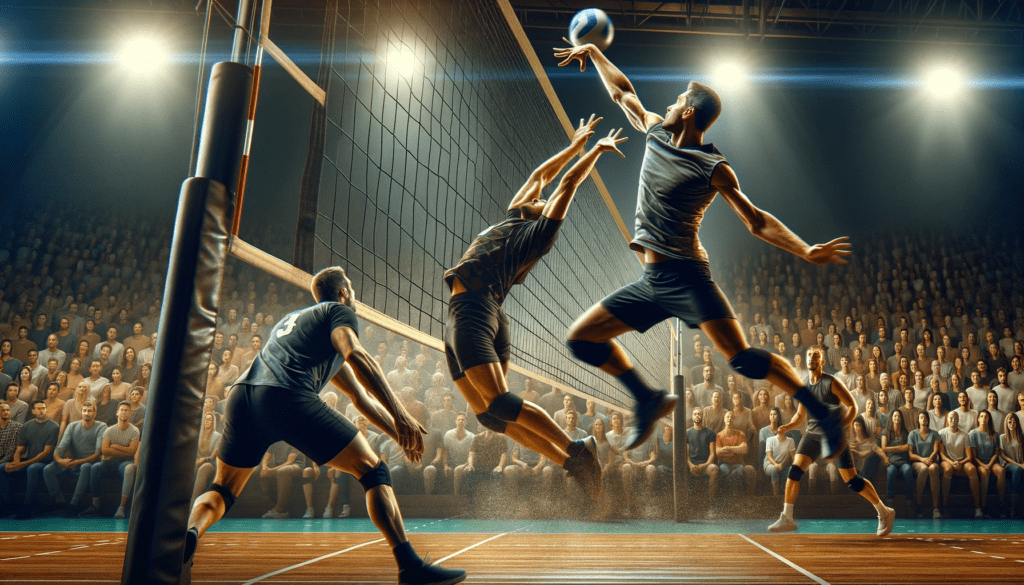 A dynamic volleyball scene with one player soaring to block a ball and another poised to dig, exemplifying teamwork and defensive skill, all set against the backdrop of an engaged and blurred audience.