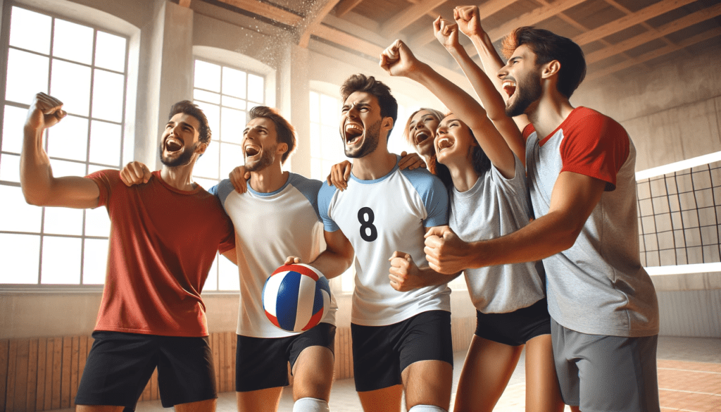 Joyful volleyball players in a celebratory group huddle, with one player energetically raising a fist in victory, embodying the camaraderie and elation of a well-earned point on the court.