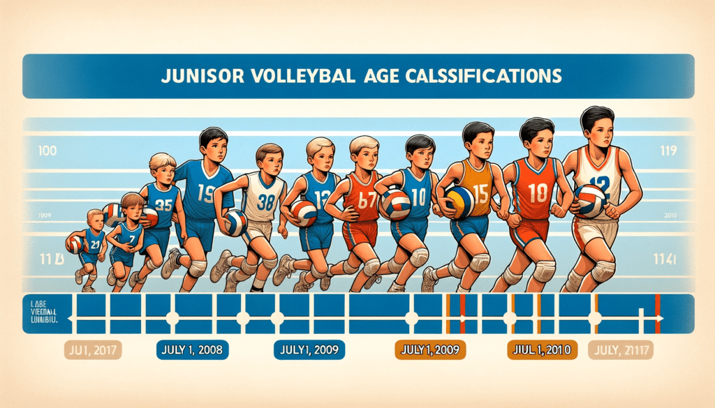 Infographic timeline depicting the evolution of junior volleyball age classifications, with illustrations of players from 2008, 2009, and 2010 in period uniforms, marking the sport's historical development.