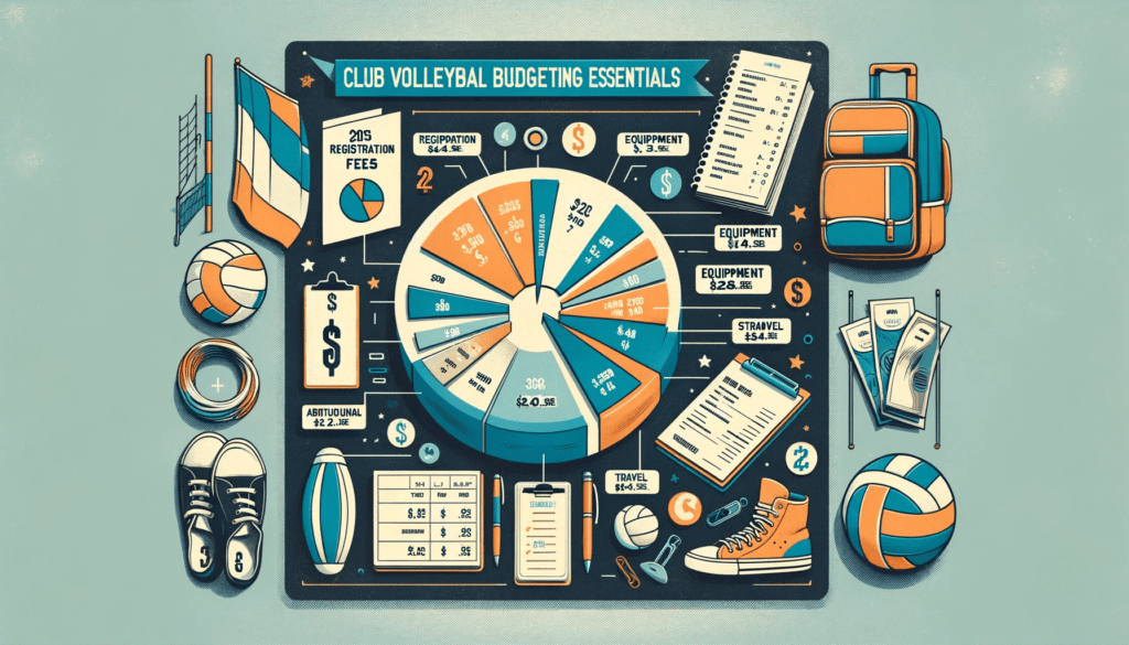 Horizontal informative graphic titled 'Club Volleyball Budgeting Essentials' with a detailed pie chart and list categorizing club volleyball costs such as registration, gear, and travel, enhanced with volleyball iconography including nets, shoes, and a volleyball.