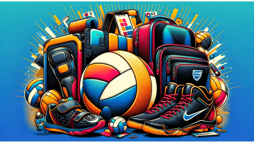 Dynamic horizontal graphic titled 'Gear Up for the Game', showcasing an assortment of volleyball essentials including high-performance shoes, knee pads, a professional volleyball, and a sports bag, all vividly illustrated to emphasize the preparation for club volleyball.