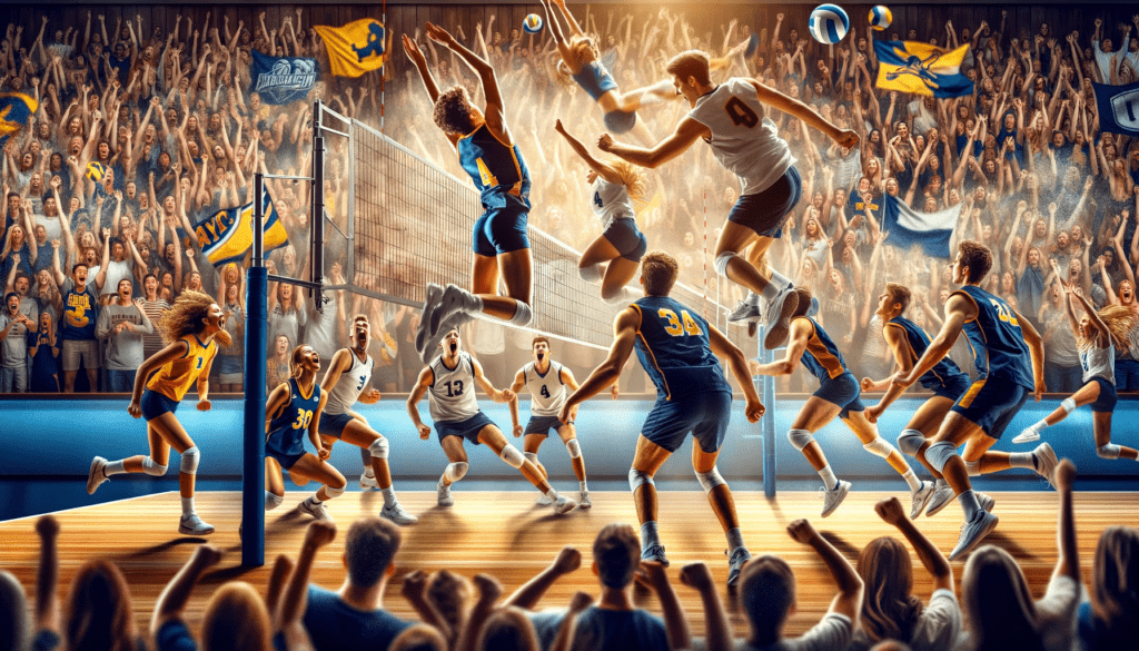 Intense NCAA college volleyball match with players leaping for a spike, enthusiastic fans in school colors cheering from the stands.
