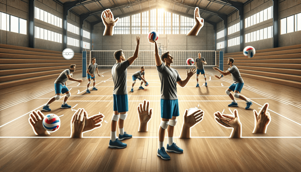 Volleyball coach demonstrating hand techniques for bumping, setting, and serving on an indoor court, with visual labels for each volleyball skill.
