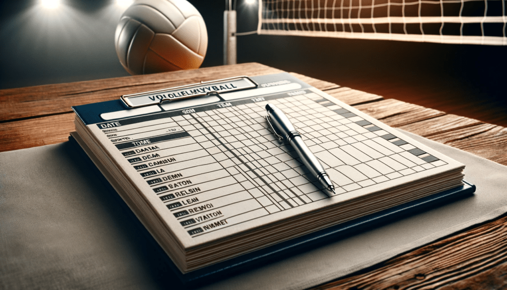 Detailed volleyball scorebook on table with pen and blurred net background, indoor volleyball match setup.