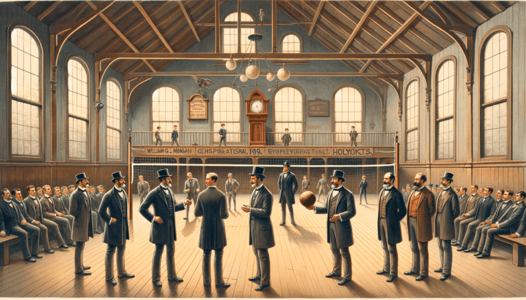 Illustration of William G. Morgan introducing volleyball in an 1895 gymnasium in Holyoke, with players in vintage attire and onlookers observing the game's foundational rules.
