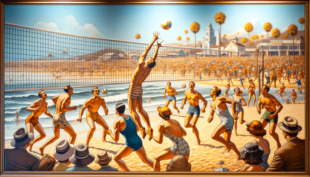 1920s beach volleyball game on California shores with players in vintage swimwear, a sun-drenched crowd, palm trees in the background, and an athletic spike over the net.