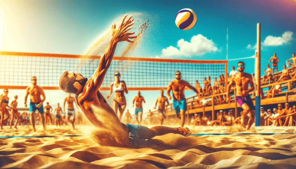 Athlete diving for a volleyball on a sunny beach with spectators, showcasing beach volleyball skills and teamwork.