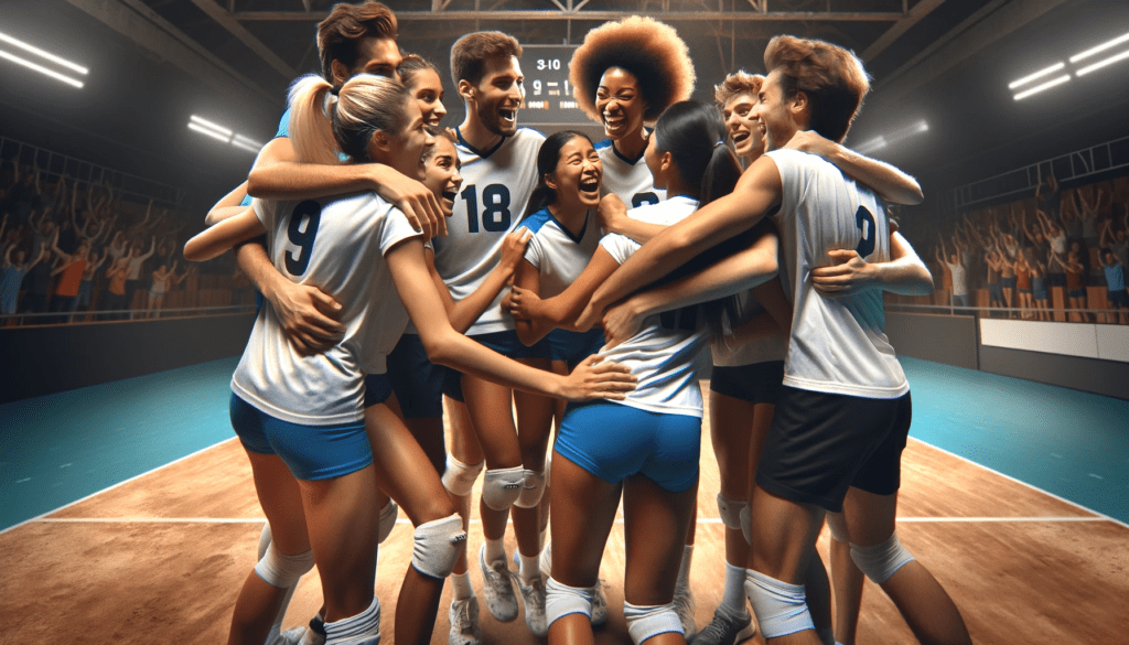 Diverse volleyball team embracing in celebration on the court, scoreboard showing a narrow victory in the background.