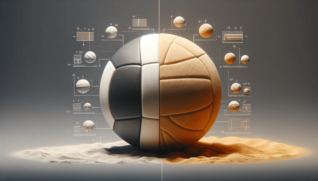 Side-by-side comparison image of an indoor volleyball and a beach volleyball, highlighting differences in size, weight, and texture. Annotations describe the heavier and textured indoor volleyball versus the lighter, softer beach volleyball.