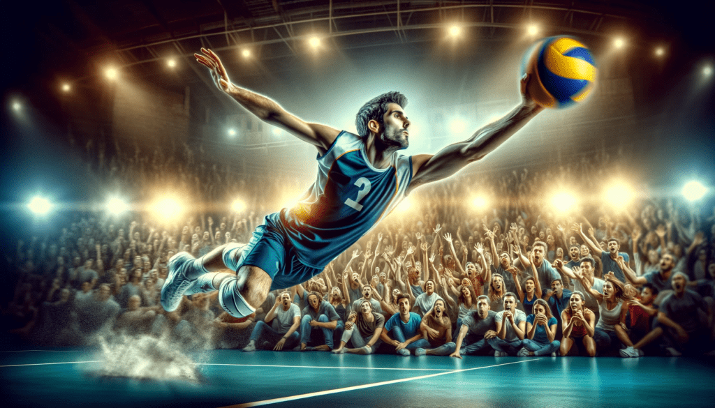 Libero in blue jersey diving for a spectacular save in volleyball match, with the audience in awe in the blurred background.