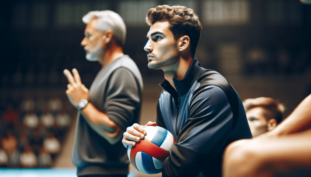Volleyball libero in focus, standing on the court sidelines with a volleyball, as the coach signals for a substitution in the background.