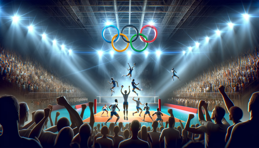 An intense Olympic volleyball match captured in full swing, with athletes leaping for a spike, fans cheering passionately, and the iconic Olympic rings displayed on the scoreboard.