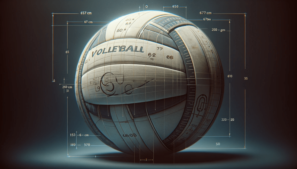 Image showing a regulation volleyball with detailed measurements and weight indicators. Annotations display a circumference range of 65 to 67 cm and a weight range of 260 to 280 grams, highlighting official volleyball standards.