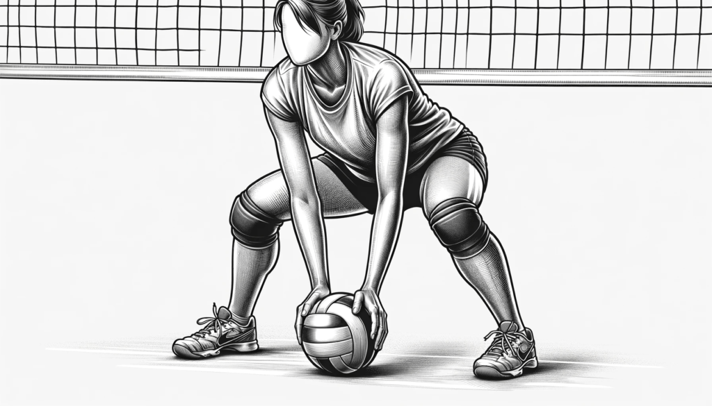 Volleyball player in ready position by the net with focus and agility, preparing for an effective block.