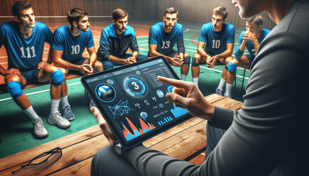 Volleyball coach with tablet showing statistics, players focused on strategy and data analysis