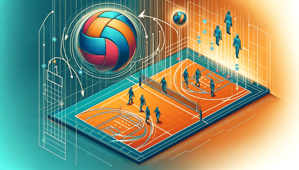 Educational diagram of a volleyball court with vibrant colors, showcasing players in mid-action with a ball in flight over the net, and clear labels indicating player positions and rotational movements on the court.
