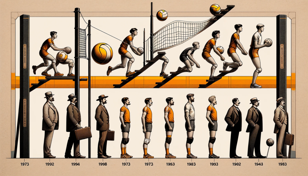 Timeline illustration depicting the evolution of volleyball equipment, including balls, nets, and uniforms from the early 1900s to the modern era.