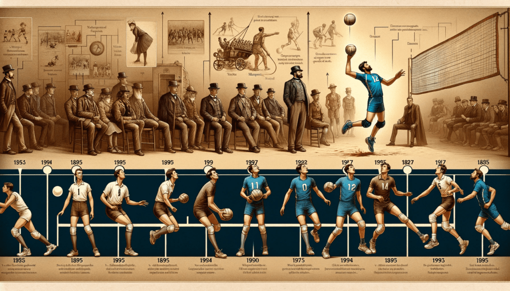 Timeline illustration detailing volleyball's evolution, starting with Mintonette in 1895, progressing through historical milestones and rule changes, culminating in a modern player executing a spike.