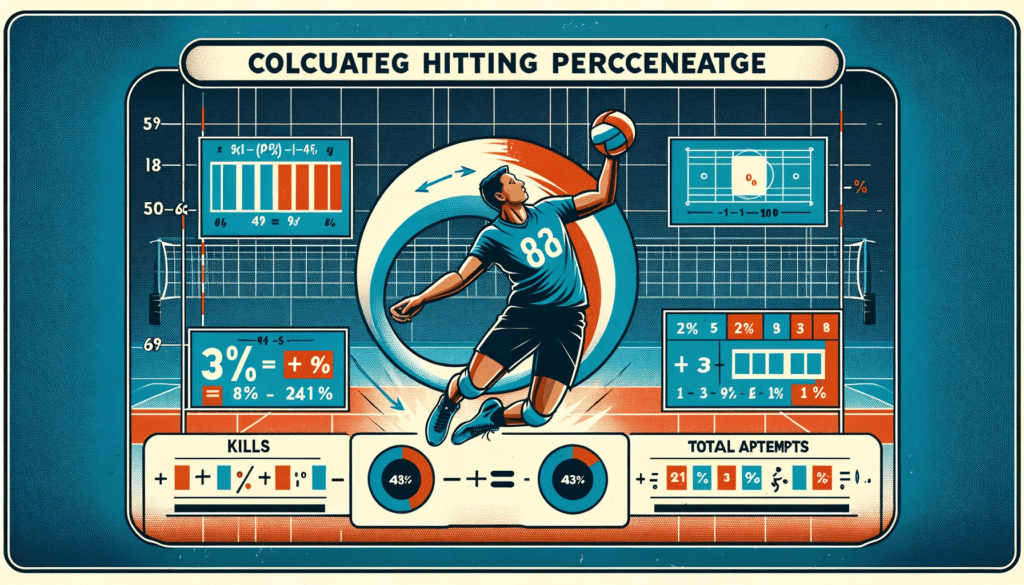 Infographic illustrating how to calculate hitting percentage in volleyball, with a court background and a player spiking the ball, alongside a formula breakdown and example calculation.