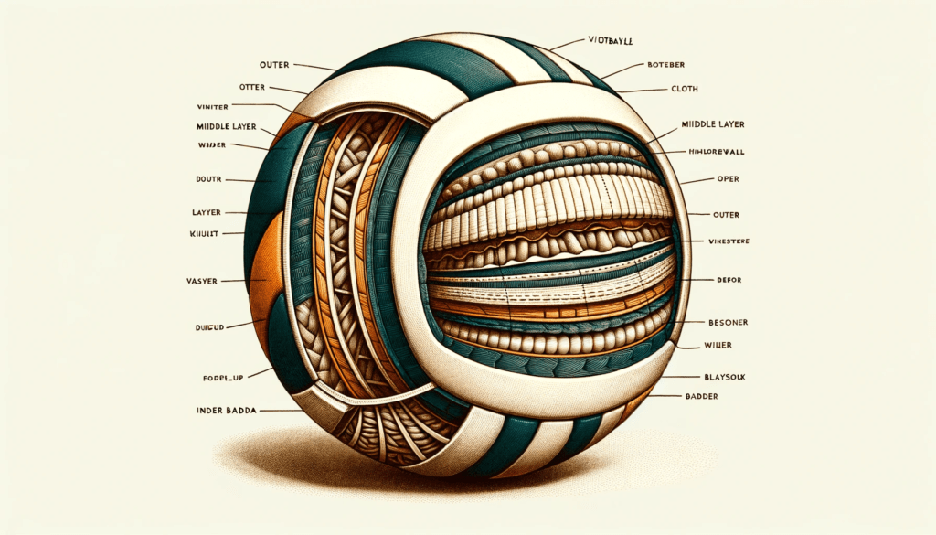 Illustrative diagram of a volleyball's internal structure, showing a cross-section with the outer layer, middle cloth layer, and inner rubber bladder, each component labeled for clarity.