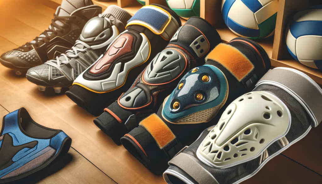 A diverse array of volleyball knee pads showcasing different colors, designs, and features such as varied fit, material, and cushioning, set in a sports environment to emphasize the range available for volleyball players.