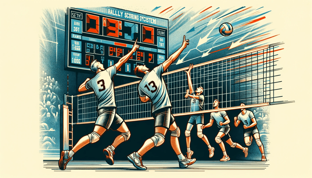 Dynamic scene from a volleyball match capturing a team scoring a point under the rally scoring system. The image shows players in mid-action, with one team jubilantly celebrating a scored point while the opposing team gears up to receive the next serve. In the background, a scoreboard displays the game's progression, illustrating the impact of the rally scoring system.
