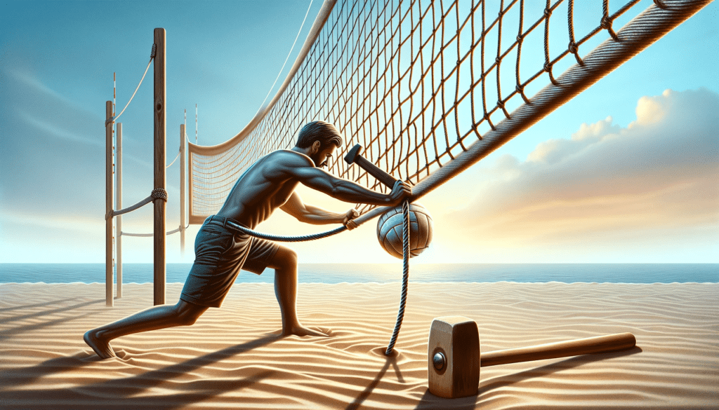 A person is seen pulling tension ropes to tighten a volleyball net on a beach, with a hammer on the ground nearby, and the court's boundary lines visible in the background.
