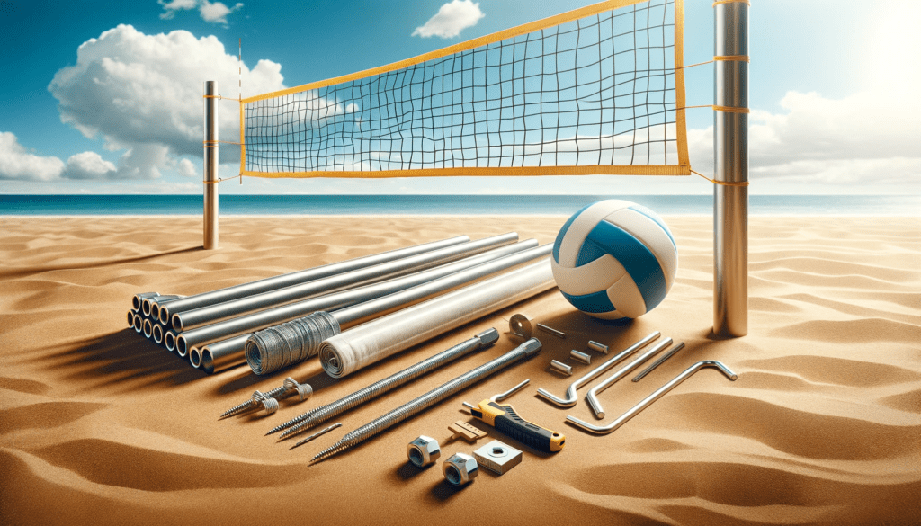 Volleyball net assembly kit on a sandy beach court with a clear blue sky, including poles, guy wires, stakes, Allen wrench, and a measuring tape ready for setup.