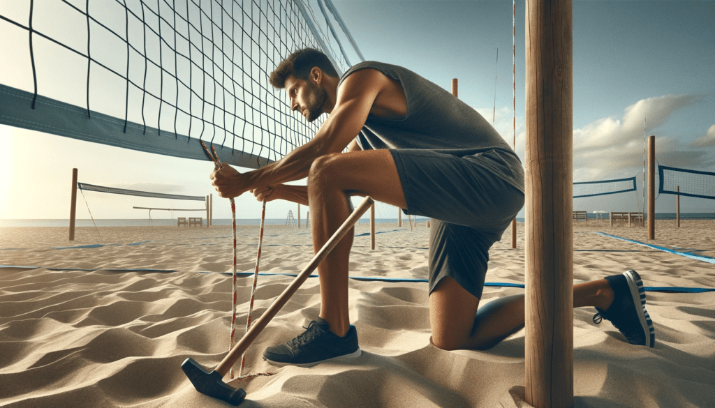 Person actively tightening a volleyball net on a beach, pulling on tension ropes with a hammer on the sand nearby, under a sunny sky with the court boundaries marked.