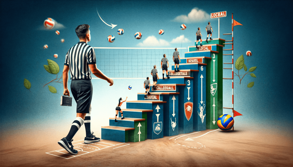 Illustration of a volleyball official ascending a career path ladder with levels labeled Local, School, Collegiate, and National, symbolizing professional growth.