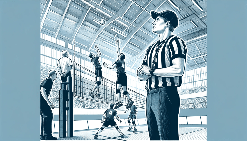Focused volleyball referee overseeing a match with players in mid-spike, highlighting the query 'How much do volleyball officials get paid?