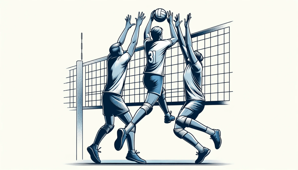 Three volleyball players in unison for a team block, with the central player leaping for the ball and side players ready to assist, showcasing teamwork and blocking strategy.