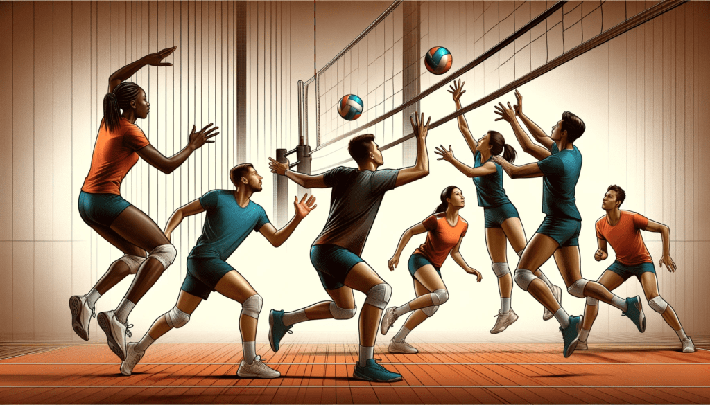 Six diverse volleyball players in mid-game on an indoor court, showcasing teamwork with one player setting the ball for a spike while teammates prepare to assist or defend, capturing the essence of coordinated team strategy in volleyball.