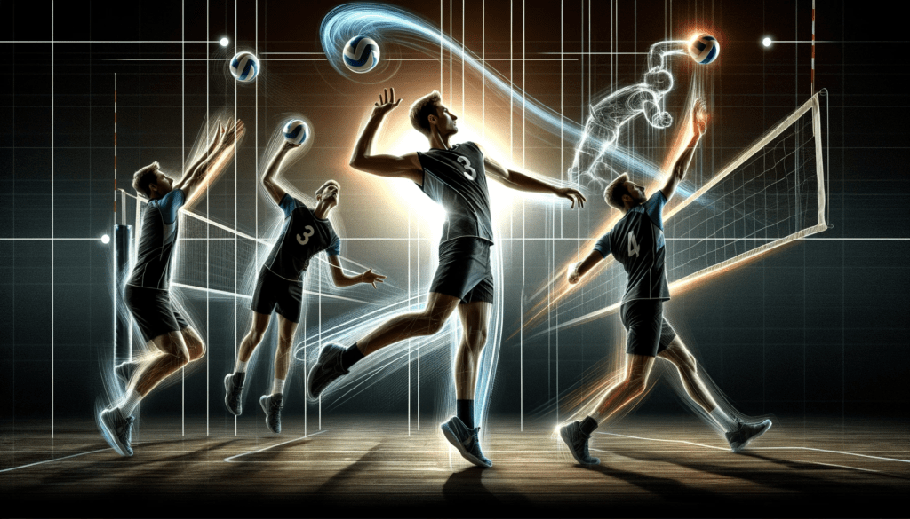 A dynamic sequence of a volleyball player performing an overhand serve, followed by setting the ball, and culminating with a powerful spike, all showcased with motion lines and light effects to highlight the movements, and annotations for each technique.