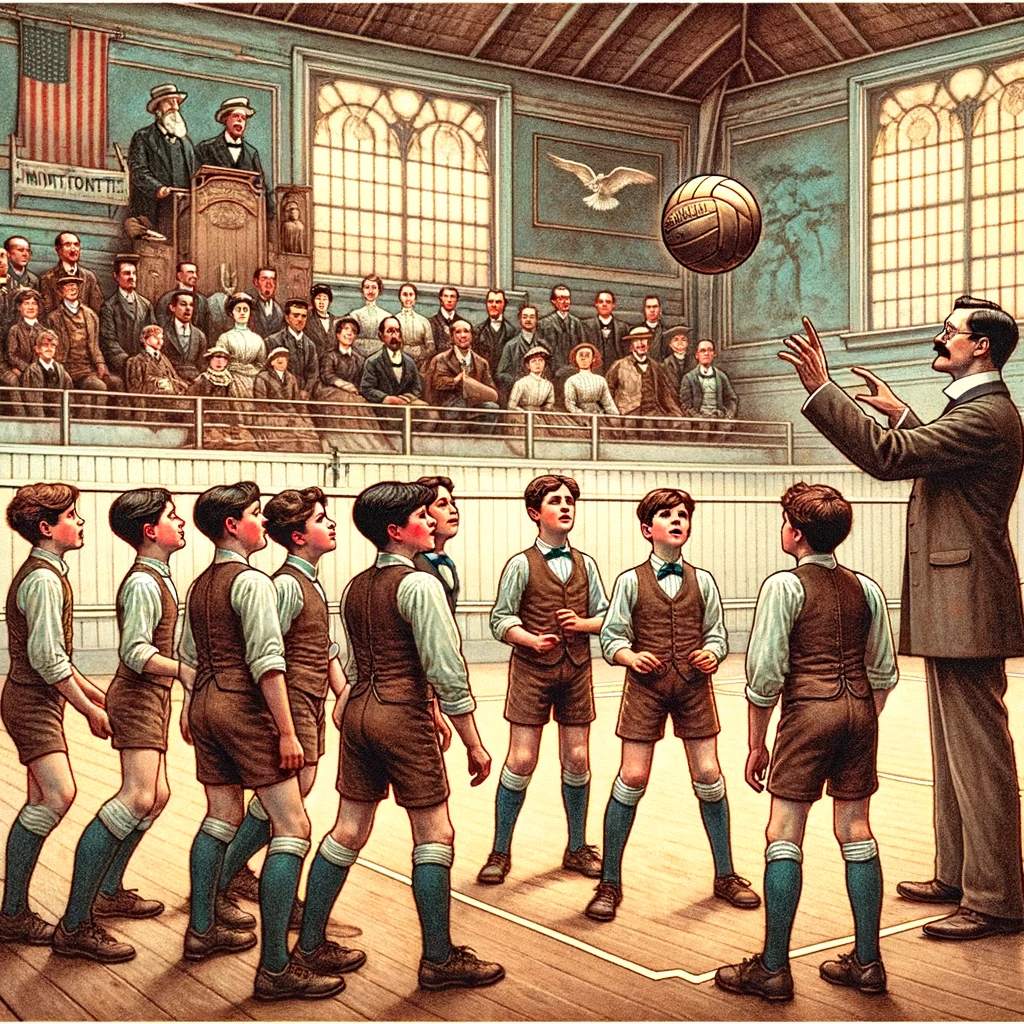 William G. Morgan presenting Mintonette to early players in a 19th-century gym, the historical beginnings of volleyball.