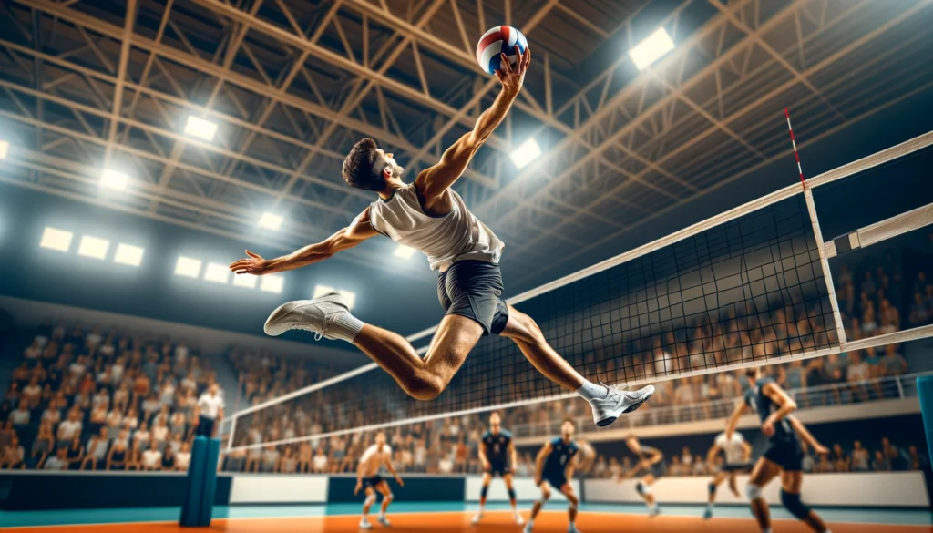 5′9″ volleyball player showcasing agility and skill with a high-leap spike, proving height isn't all in front row volleyball.