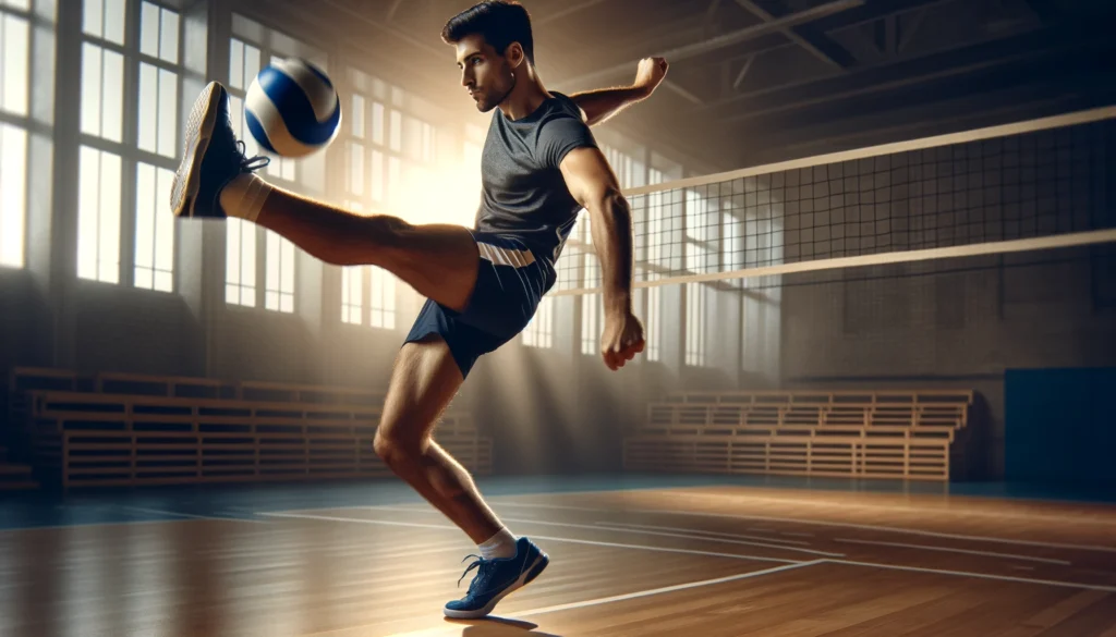 Agile volleyball player kicking the ball mid-game, showcasing legal footplay in action