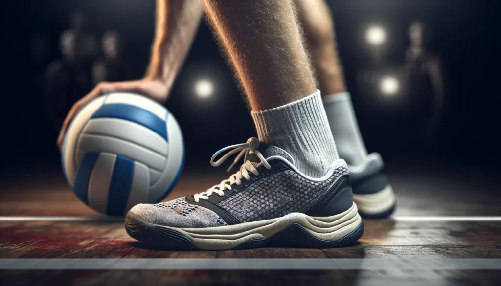 "Volleyball player's feet poised to kick the ball, highlighting technique and readiness