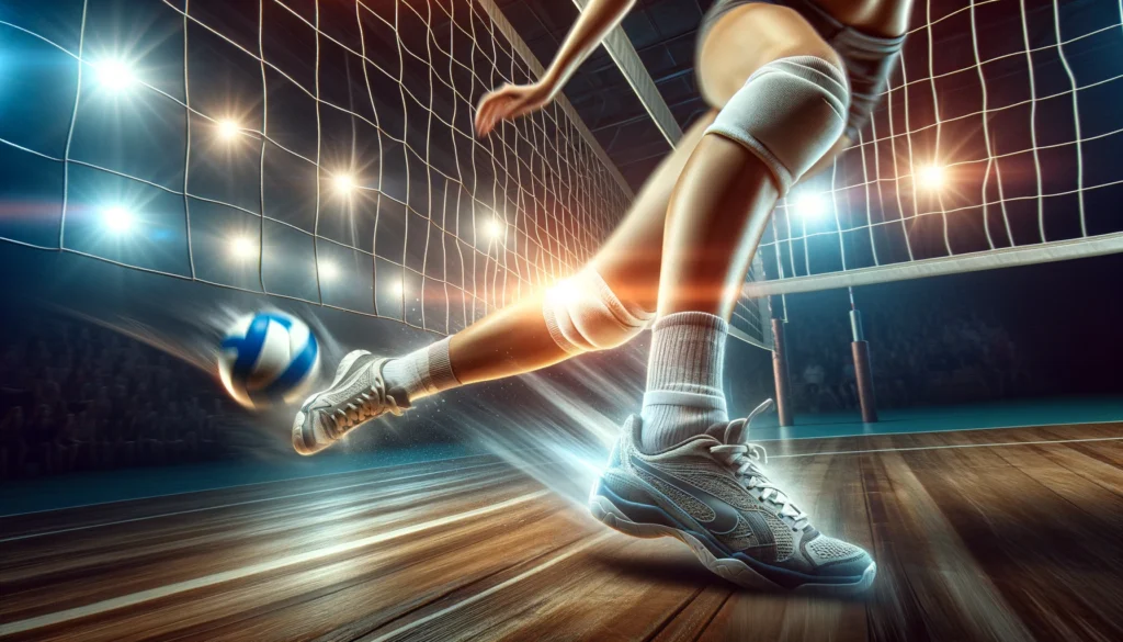 Volleyball player's feet in action, kicking the ball for a strategic defensive save