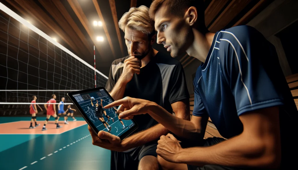 Player and coach delve into strategy on a tablet, a key step to becoming a pro volleyball player in 1-2 years.