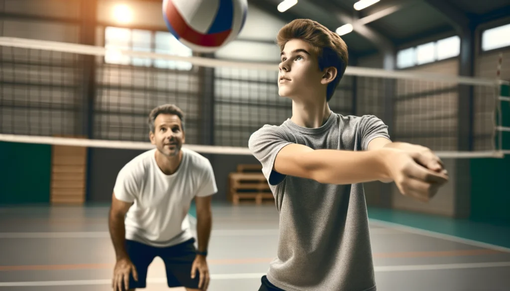 Aspiring volleyball player practices serving under a coach's watchful eye, embodying the hard work needed to go pro in 1-2 years.