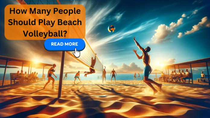 A vibrant beach volleyball game at sunset, with players actively engaged in a match, and a clickable 'READ MORE' button inviting further engagement.