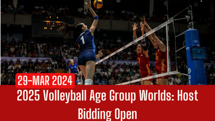 Volleyball players in action during a game, with the date 29-Mar 2024 and the event title '2025 Volleyball Age Group Worlds: Host Bidding Open' displayed.